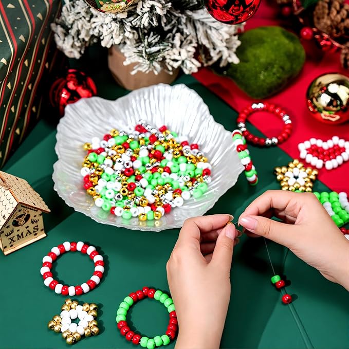 1000PCS Christmas Pony Beads Bulk – 6x9mm Red Green White Gold Silver Kandi Beads for Bracelets, Hair Braids, Jewelry Making, Crafts & DIY Holiday Decorations