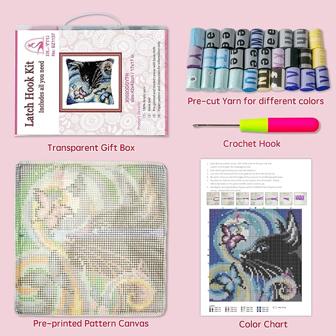 DL-YTG Latch Hook Kits Pillow Black Cat Left Crochet Yarn Cushion Colour Pre-Printed Canvas Rug Needlework DIY Pillowcase Hook and Latch Kit Christmas Home Crafts Sofa Decoration 42x42cm/16X16inch