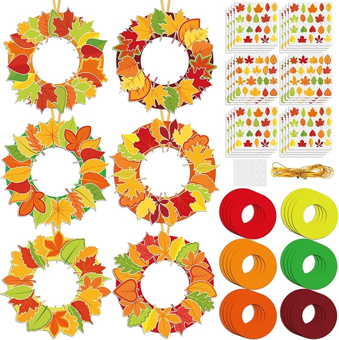 Lonfliness 36 Sets Fall Wreath Craft Kits for DIY Autumn Maple Leaves Paper Wreath Hanging Ornaments Make Your Own Thanksgiving Paper Art Craft for School Home Party Decor Activities