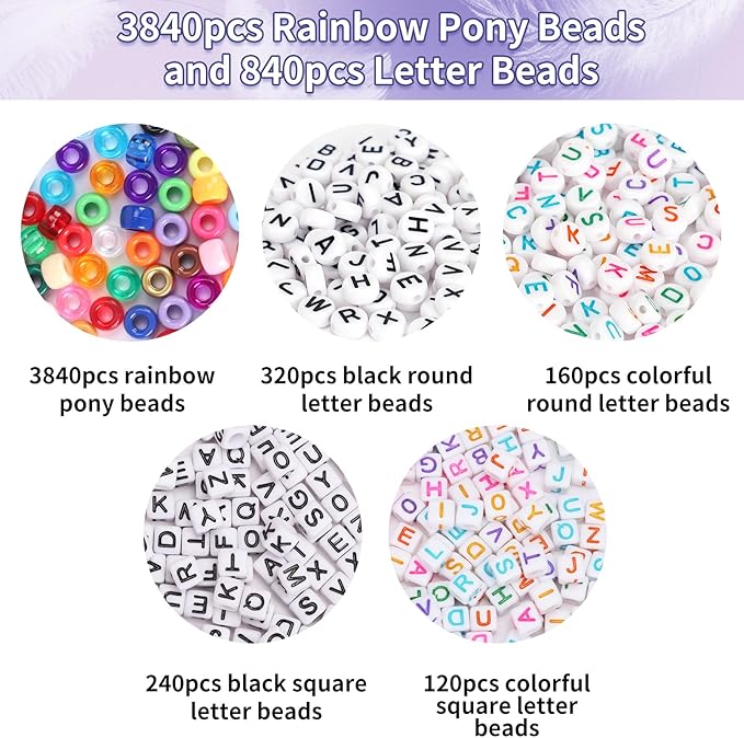 QUEFE 4680pcs Pony Beads Friendship Bracelets Making Kit, 120 Colors Kandi Beads Set for Jewelry Making, 3840pcs Plastic Rainbow Bead and 840pcs Letter Beads for Gift, Necklace and Craft
