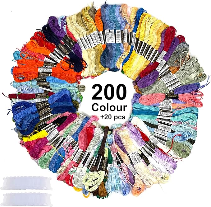 Bracelet String Kits, 200 Colors Rainbow Color Embroidery Thread, Cross Cotton Stitch Embroidery Thread, Bracelet Yarn with 20 Plastic bobbins(200 Color)