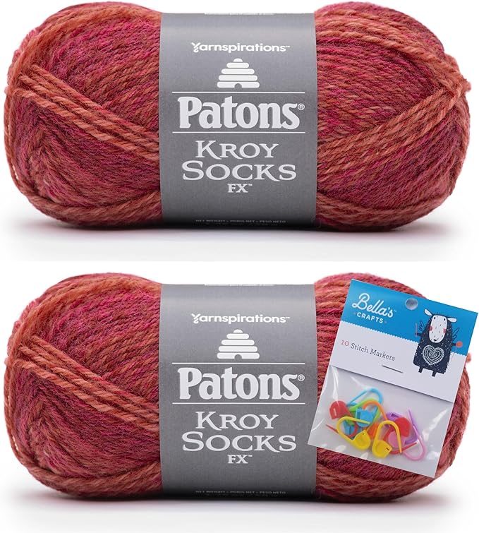 Patons Kroy Socks FX Yarn 2-Pack Bundle with Bella's Crafts Stitch Markers (Geranium Colors)