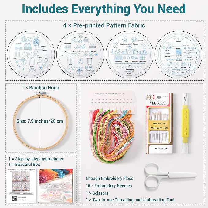 VIVIDOX 4 Sets Embroidery Kit for Beginners Adults, 35 Stitches Practice Kits Cross Stitch for Starter, DIY Hand Craft with Stamped Pattern, Bamboo Hoop, Threads, Needles, Scissors, Tools, Instruction