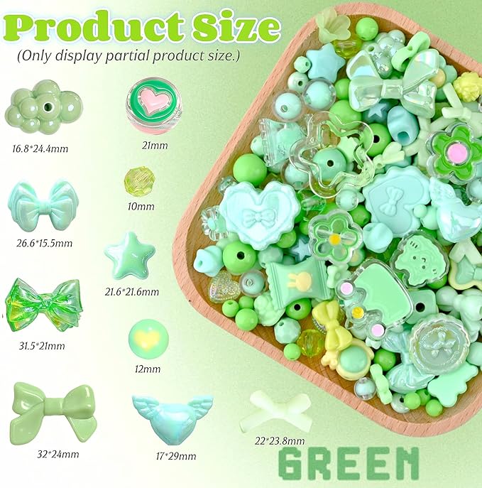 Omiposs 300Pcs Acrylic Beads for Bracelet Making with Cute Kawaii Charms, Beads & Assortments for Friendship Bracelets, Jewelry Making DIY Necklace Keychain Phone Charm Craft Gifts (Green)