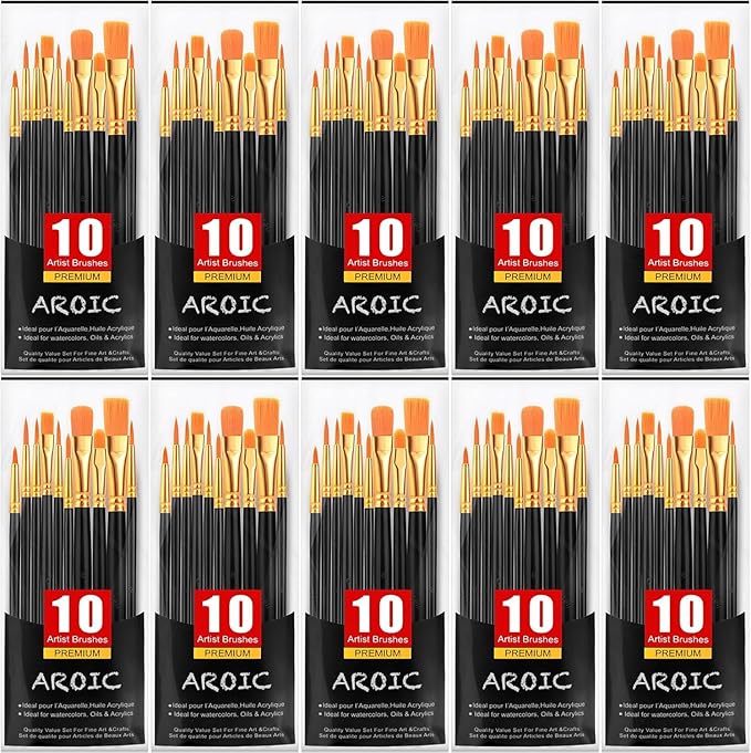 AROIC Paint Brush Set, 10 Pack 100 Pcs Acrylic Paint Brushes Artist Paint Brushes for Oil Watercolor Acrylic Face Rock Painting（Black）