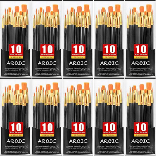AROIC Paint Brush Set, 10 Pack 100 Pcs Acrylic Paint Brushes Artist Paint Brushes for Oil Watercolor Acrylic Face Rock Painting（Black）