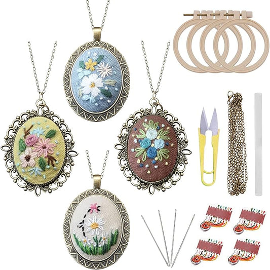 ZOCONE 4 Packs Embroidery Necklace Kits, Embroidery Pendant Kit Mini Cross Stitch Kit with 4 Hoops, Necklace, Pendant, Stamped Pattern Cloth, Instructions, etc., Embroidery Kits for Adults