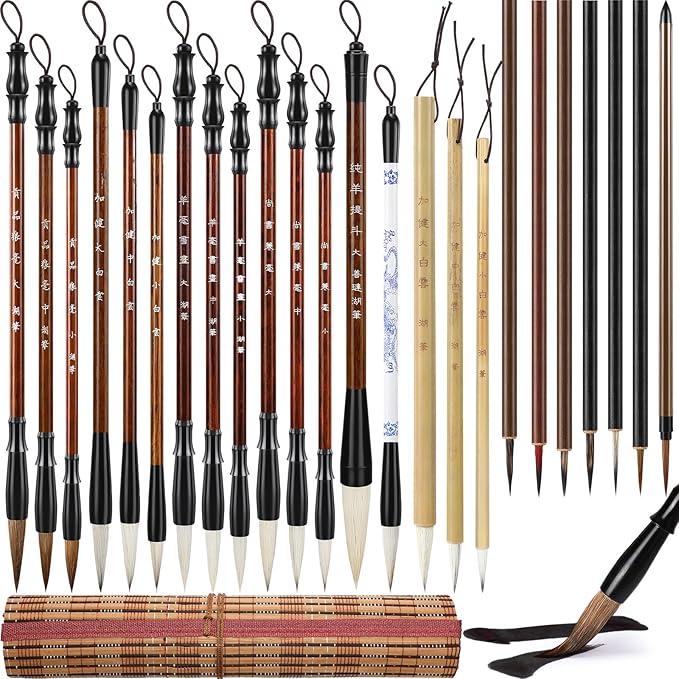 Resurhang 24 Pcs Chinese Calligraphy Brush Set Watercolor Brushes Bulk with Roll up Bamboo Brush Holder Writing Drawing Brushes for Kanji, Japanese Sumi, Drawing, Writing, Painting, Art Supplies