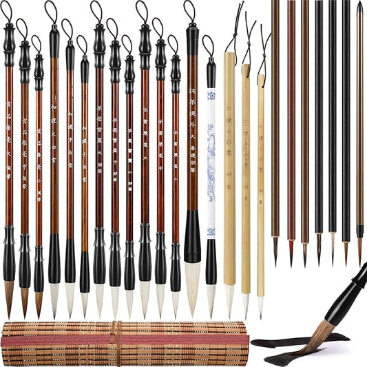 Resurhang 24 Pcs Chinese Calligraphy Brush Set Watercolor Brushes Bulk with Roll up Bamboo Brush Holder Writing Drawing Brushes for Kanji, Japanese Sumi, Drawing, Writing, Painting, Art Supplies