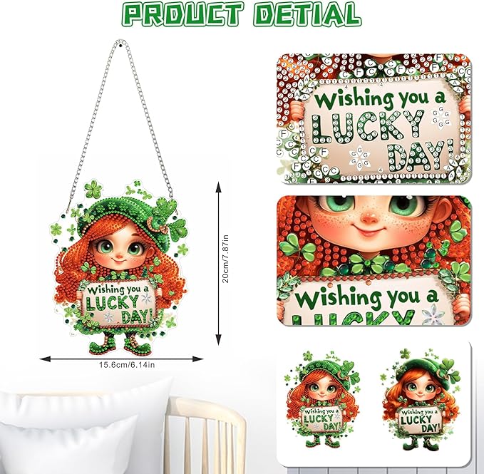 KEYIFA St. Patrick's Day Diamond Painting Kit, DIY Lucky Girl Diamond Art for Adults, Diamonds Pendant Special Shaped Rhinestone Window Hanging Ornaments Home Garden Wall Door Decoration, 20cm Width