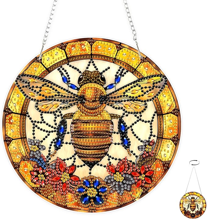 TOSTOG Diamond Art Hanging Kits for Adults, 5D Diamond Painting for Adults Window Pendant, Special Shape Diamonds DIY Bee Flowers Diamond Painting Hanging Pendant Kit for Wall Decor Gift