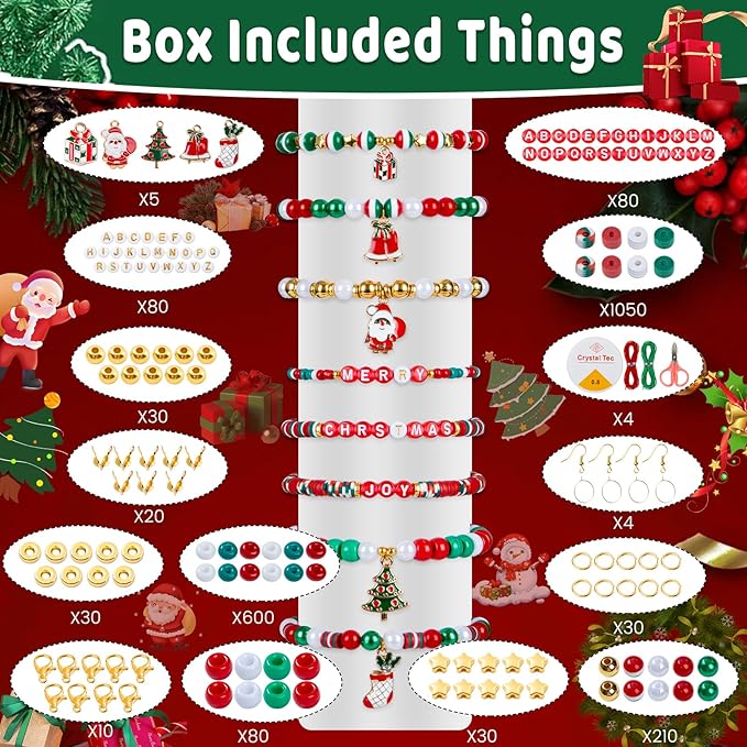 Taybonds Christmas Beads for Bracelets & Jewelry Making Bead Kit, Christmas Beads and Charms, Holiday Friendship Bracelet Kit, with Xmas Red Green, Pony, Clay, Letter, Pearls Bead, Gifts