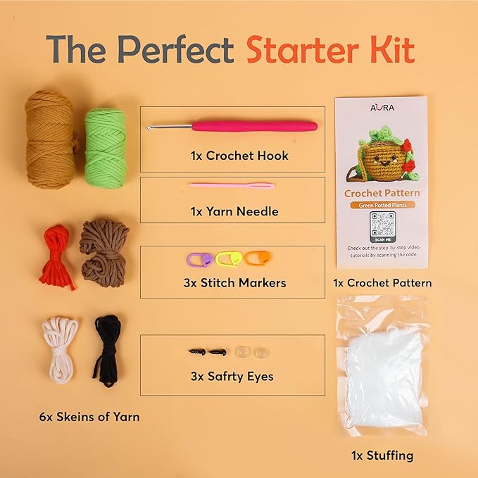 A-URA Learn to Crochet Kit for Beginners Kids and Adults, Premium Pattern Hanging Pot Plant Beginner Crochet Kits with Easy Tube Yarn & Step-by-Step Video Tutorials