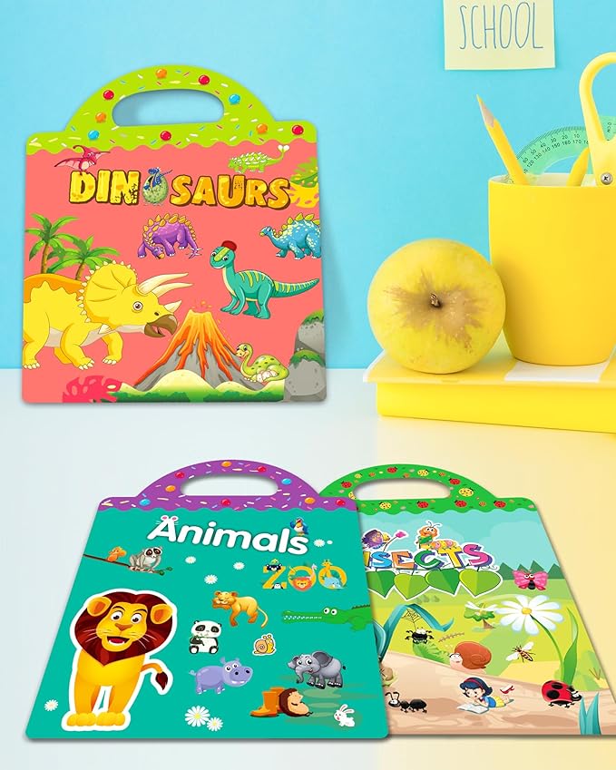 benresive reusable sticker books for kids, sticker books for toddlers, toddler travel toys activities crafts ages 3 and up birthday gifts - animals, dinosaurs and insect