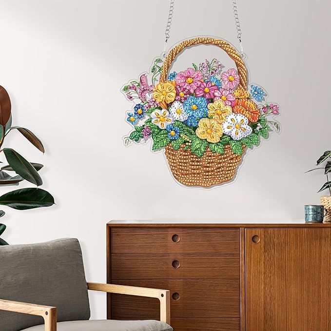 Reofrey Hanging Diamond Art Kits for Adults - 8x8 Inch Flower Acrylic Board Double Sided Pattern Diamond Art Suncatcher Pendant, DIY Crystal Art for Home Wall or Window Decoration Handmade Gift
