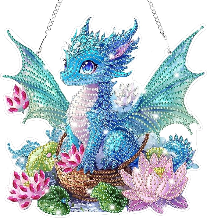 Bowetile Dragon Diamond Art Hanging Kits for Adults, 5D Special Shape Diamond Painting Flowers Pendant Kits, Gem Art Suncatchers Painting Window Ornament for Home Garden Wall Decor