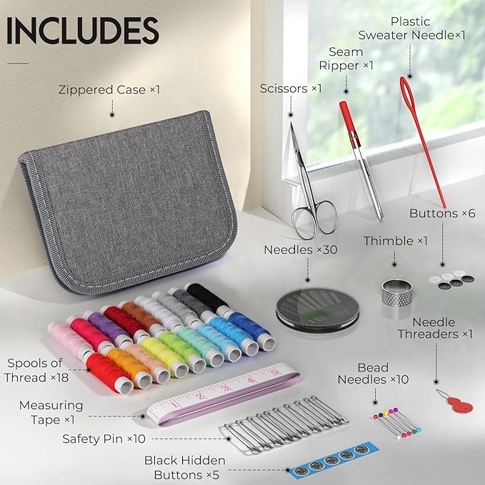 Coquimbo Sewing Kit Gifts for Adults Teen Grils Women Mom Grandma, Portable Sewing Supplies Contains Tape Measure, Scissors, Thimble, Thread, Sewing Needles (Gray, M)