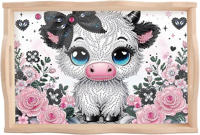 AiYuanzsh Cow Diamond Art Tray with Handle, 5D Diamond Painting Tray DIY Plate Kit for Adults, Decorative Diamond Art Organizer for Coffee Table or Living Room
