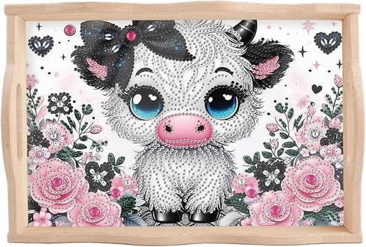AiYuanzsh Cow Diamond Art Tray with Handle, 5D Diamond Painting Tray DIY Plate Kit for Adults, Decorative Diamond Art Organizer for Coffee Table or Living Room