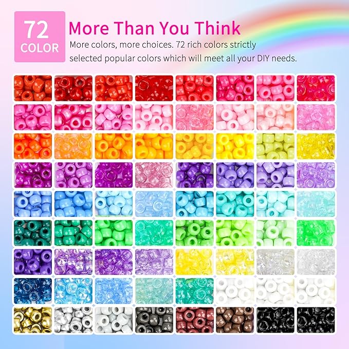 2400pcs Pony Beads 72 Colors 9mm Friendship Bracelets Making Kit, Rainbow Kandi Beads Bulk Letter Beads for Name Bracelets Jewelry Making Crafts with Elastic String