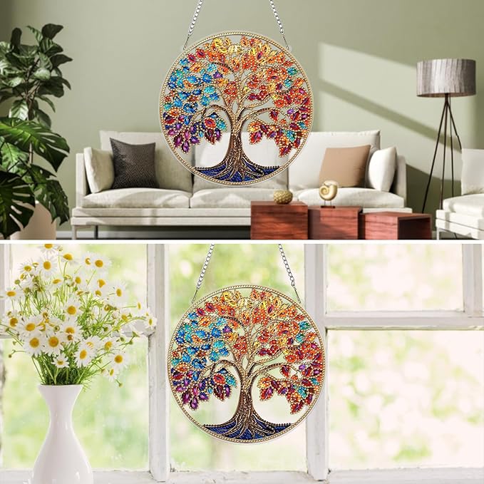 MXJSUA Colorful Tree Diamond Art Hanging Kits for Adults Beginners, DIY Acrylic Special Shaped Crystal Diamond Gem Art Pendant Drills Painting Ornament for Home Wall Decor and Gift