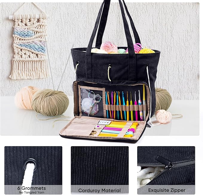 Large Yarn Tote Organizer – Corduroy Knitting Storage Holder for Yarn, Hooks & Accessories, Portable Craft Carryall for Crocheting Lovers, Mother’s Day Gift