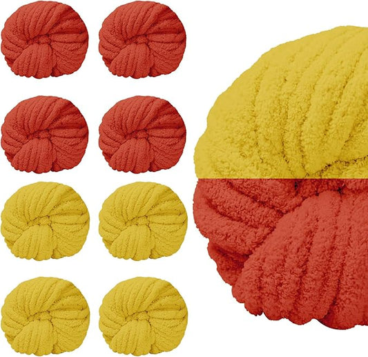 SUNTQ 8 Pack Assorted Chunky Yarn - Bulky Thick Chenille Fluffy Yarn for Crocheting, Hand Knitting, Arm Knitting - 4 Golden Yellow, 4 Canyon (32 yds, 8.8 oz Each Skein)
