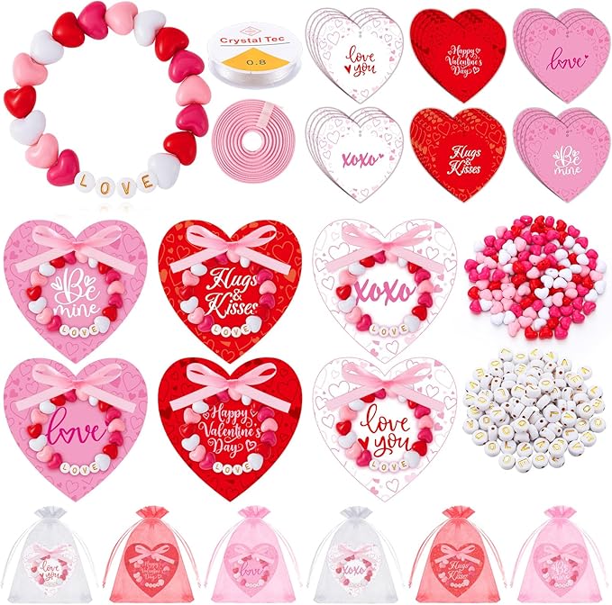 Kigeli 24 Set Valentine's Day Bead Wristband Craft Kit, Valentine Bracelet Crafts, DIY Heart Bracelet Making Kit, Exchange Romantic Art Craft Gifts, Valentines Decor for Party Favor Activity
