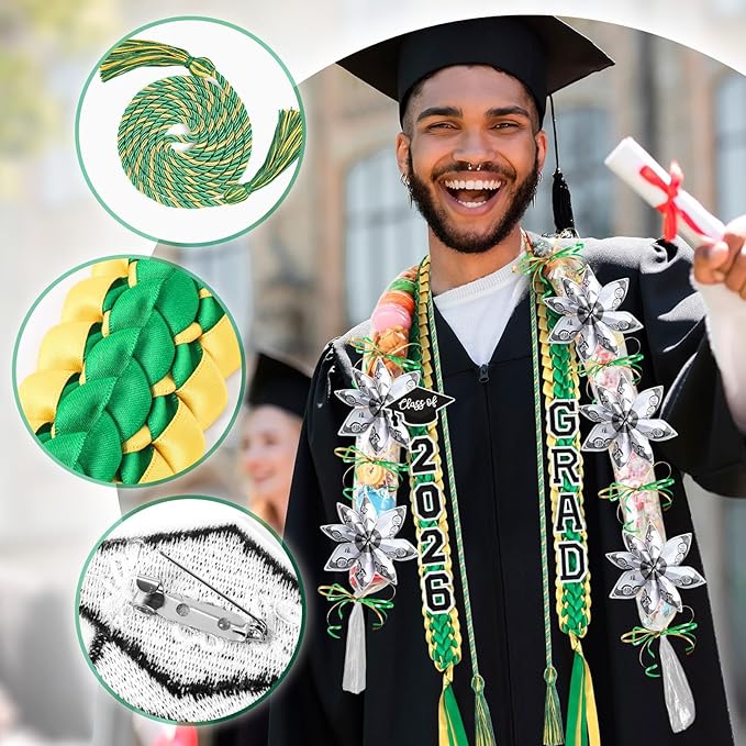 YLOLUL 16 Pcs Graduation Leis 2026 Graduation Candy Lei Kit with Honor Cord Class of 2026 Graduation Ribbon Money Lays Necklace Graduation Gift Party Accessories for Women Men