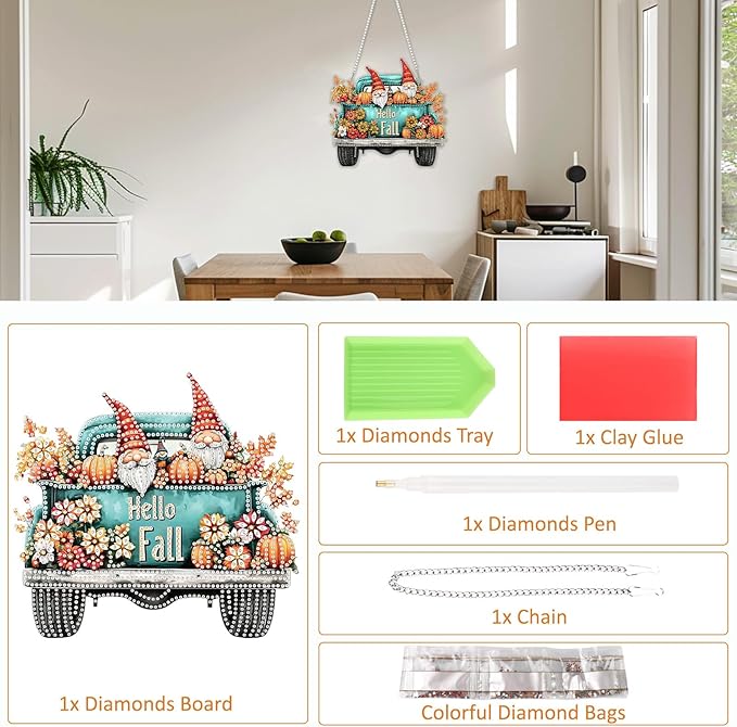 SENQAO Gnome Diamond Art Hanging Kits for Adults Beginners, DIY Acrylic 5D Special Shaped Crystal Diamond Gem Art Painting Hanging Ornament for Home Wall Decor and Gift（Hello Fall Pumpkin Flower）