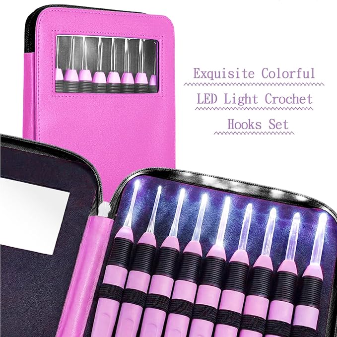 Chuangdi 9 Pieces Lighted Crochet Hooks with Case 9 Size LED Light Crochet Hooks Set Knitting Needles Craft Yarn Weaving Needles Comfortable Smooth Handle for Knitting, 2.5 mm-6.5 mm(Pink)
