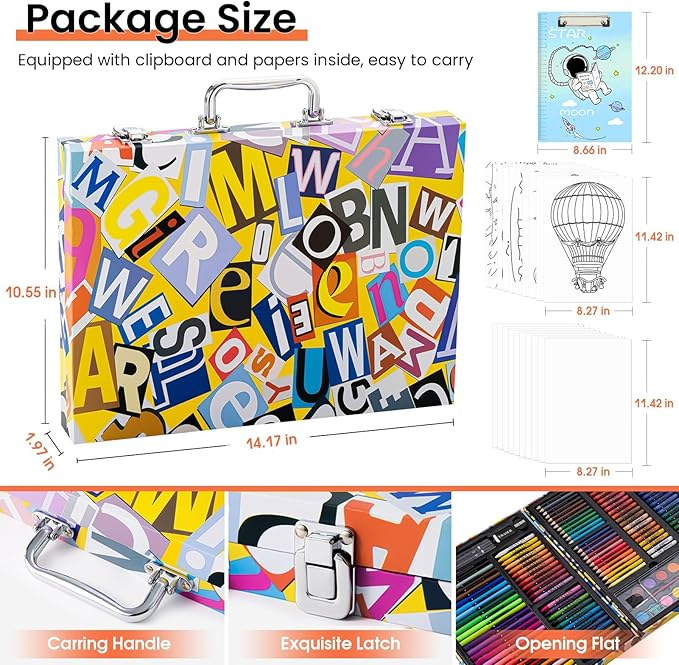 Art Supplies, 180 Pack Drawing Painting Set for Kids Girls Boys Teens, Coloring Art Kit Gift Case with Clipboard, Coloring Papers, Oil Pastels, Crayons, Colored Pencils, Watercolor Cakes, Markers