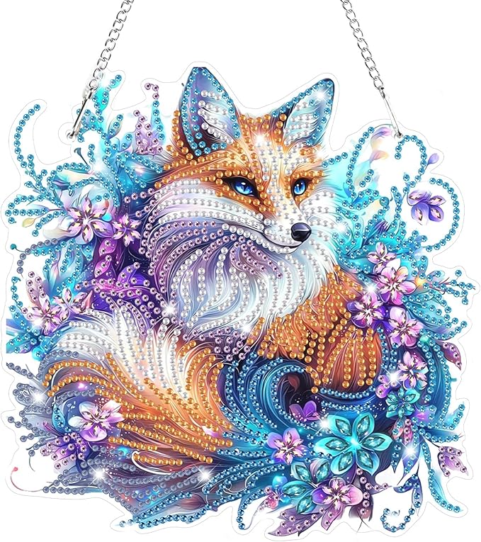 Bowetile Fox Diamond Art Hanging Kits for Adults, 5D Special Shape Diamond Painting Animal Pendant Kits, Gem Art Suncatchers Painting Window Ornament for Home Garden Wall Decor