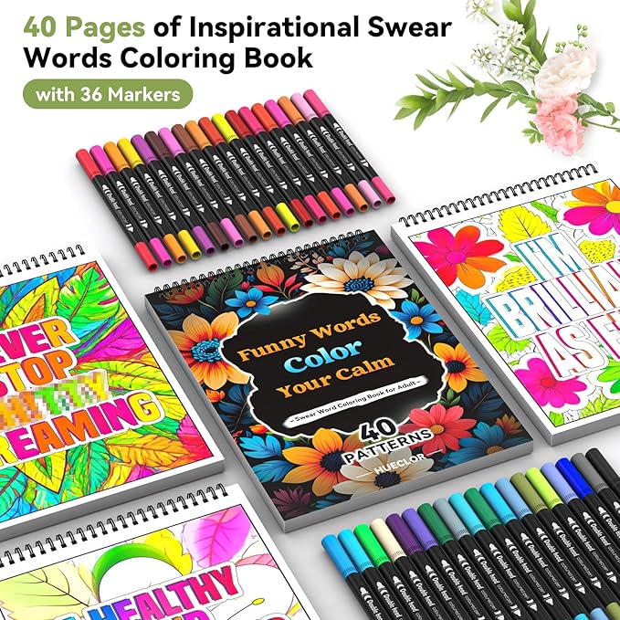 HUECLOR 300GSM Thickness Swear Word Adult Coloring Book for Women Relaxation with 36 Markers and 40 Spiritual Patterns Spiral Bound Calming Color Books No Bleeding for Female Male Teen Stress Relief