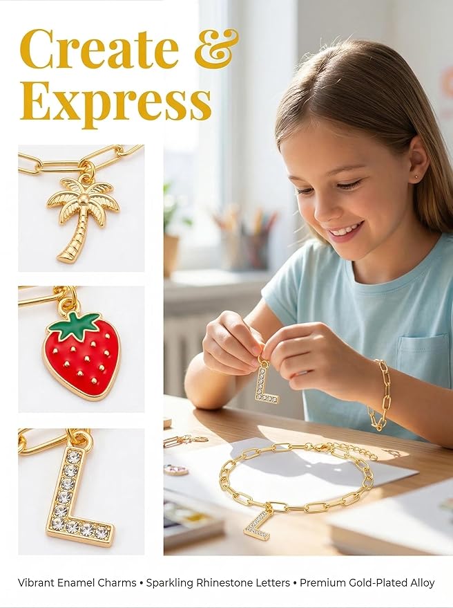 ZMLTLMG 552Pcs Gold Charm Bracelet Making Kit, Premium Paperclip Chain Jewelry Making Supplies with Enamel Charms, Letter Beads & Jump Rings, DIY Crafts Gift Set for Women Girls Adults