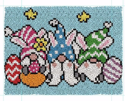 Howie's Latch Hook Kits for Adults, DIY Three Easter Gnomes Crochet Yarn Latch Hook Rug Kit for Adults, Color Preprinted Pattern Embroidery Decoration(Three Easter Gnomes, 19.69 x 14.96 inch)