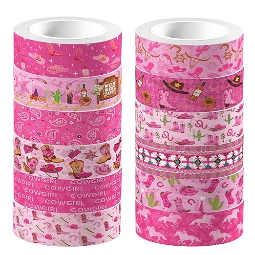 Cowgirl Western Washi Tape Set, 12 Rolls, Wild West Theme Decorative Masking Tape for Scrapbook, Party Supplies