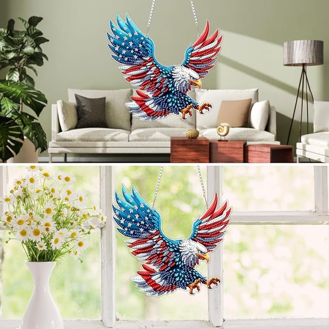 MXJSUA Diamond Art Hanging Kits for Adults Beginners, American Flag Eagle DIY Acrylic Special Shaped Crystal Diamond Gem Art Pendant Drills Painting Ornament for Home Wall Decor and Gift