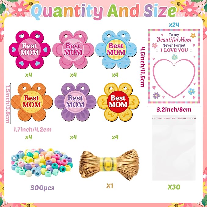 BeYumi Mom Necklace Craft Kit - 24Pcs DIY Mother's Day Best Mom Wooden Flower Pendant Beads Necklace Making with Greeting Card to Beautiful Mother Craft Gift Kids School Classroom Family Party Favor