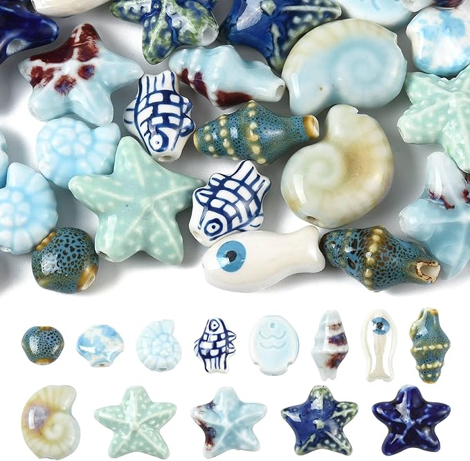 26Pcs Porcelain Ceramic Ocean Beads, 13 Styles Sea Seashell Fish Conch Starfish Porcelain Loose Spacer Beads for DIY Necklaces Bracelets Crafts Supplies