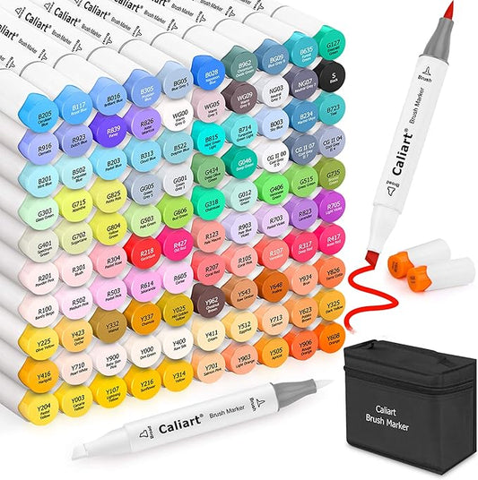 caliart alcohol brush tip markers, 101 colors adult coloring markers set dual tip chisel & brush for artists drawing illustration sketching, with case permanent colored art pens drawing supplies
