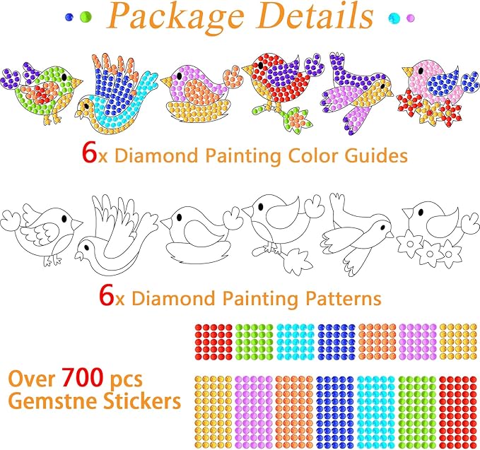 Qyeahkj 6 Pcs Spring Bird Arts Crafts DIY Summer Gem Diamond Suncatcher Crafts for Kids Spring Diamond Painting Gifts Exchange for Kids Aged 4 6 8 10 12 for Home School Party Decor