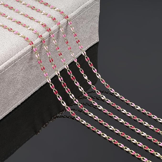YOUBEIYEE Rose Pink Enamel Cable Chain for Jewelry Making Gold Plated Brass Jewelry Chain Roll with Jump Rings and Lobster Clasps