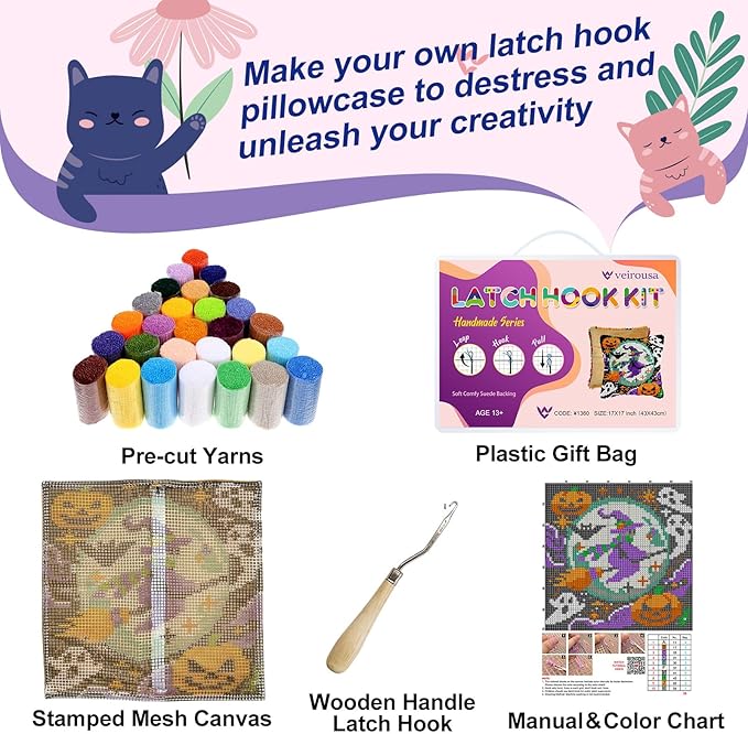 Halloween Flying Witch Latch Hook Kits for Adults Kids, Beginners DIY Latch Hook Pillow Kit Pre-Printed Hook and Latch Rug Kits Cross-stitch Embroidery Cushion Cover for Home Sofa Decoration 17x17 in