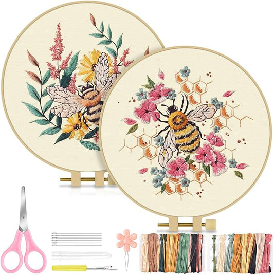 TINDTOP 2 Pack Embroidery Kit for Adult, Embroidery DIY Starter Kit, with Stamped Patterns, Hoop, Tools, Colorful Threads with Needles, Instructions (Bee)