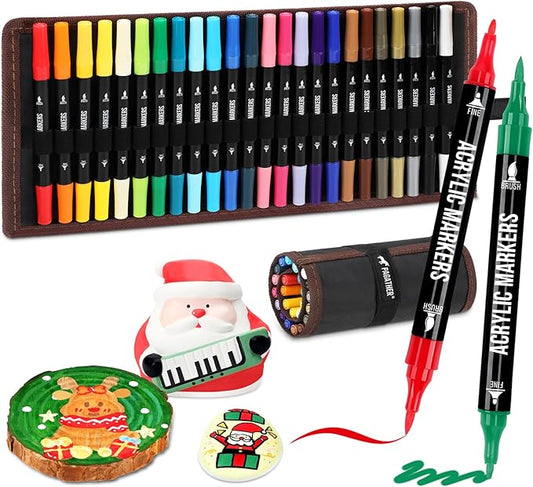 pagather 24 colors acrylic paint markers, dual tip with fine tip and brush tip pens for stone, wood, calligraphy, canvas, ceramic, metal, glass, rock painting, diy crafts art supplies kit