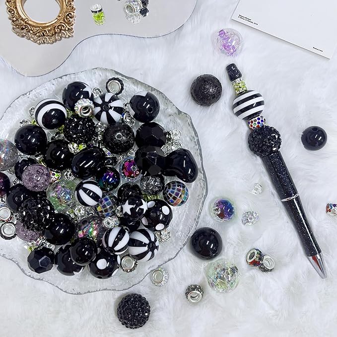 163 Pcs Pen Beads for Beadable Pens: Bubblegum Beads for Pen Making Bulk with Spacer Bead Rhinestone Bead (Black)