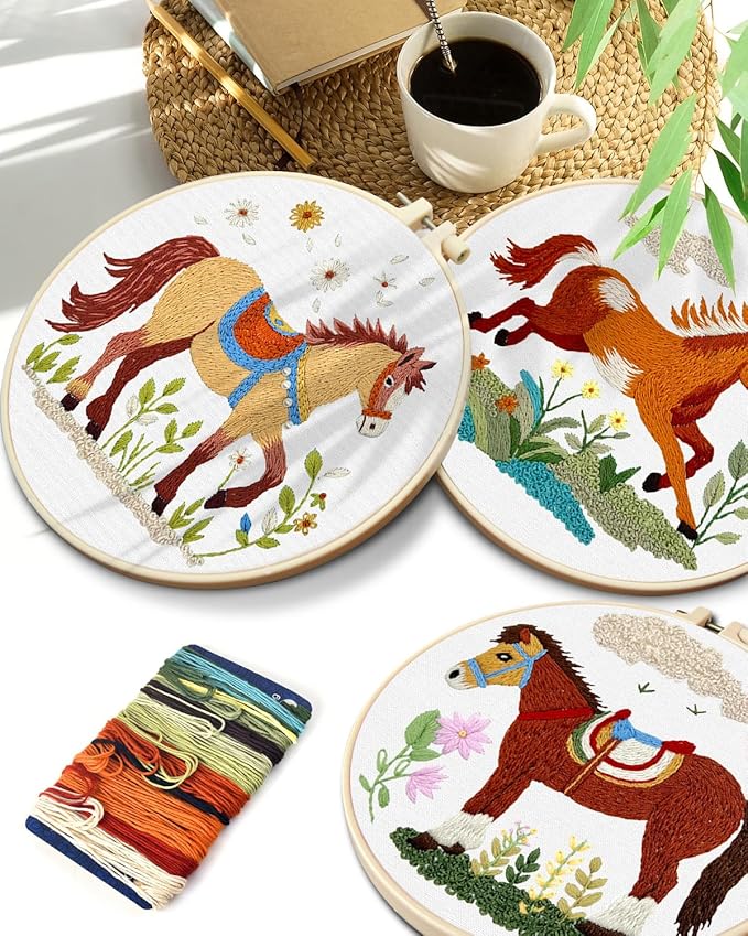 TINDTOP Embroidery Kit for Adult, 3 Pack Embroidery DIY Starter Kit, with Stamped Patterns, Hoop, Tools, Colorful Threads with Needles, Instructions