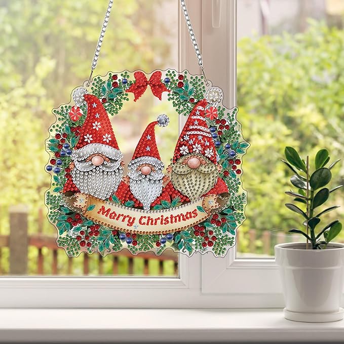 HEIBAGO Gnome Diamond Art Hanging Kits for Adults Kids, 5D Special Shaped Crystal Diamond Painting Kit Wreath, DIY Pattern Window Pendant Gem Art Kit for Home Wall Decor 8.3 x 8.3 Inch