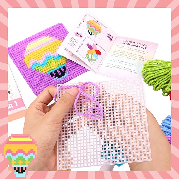 Pllieay Kids 10-in-1 Cross Stitch Beginner Kit for Kids, Includes Instruction of 10 Different Patterns, 10 Blank Plastic Canvas for Needlework, and 14 Colored Threads, Needlepoint Starter Sewing Set